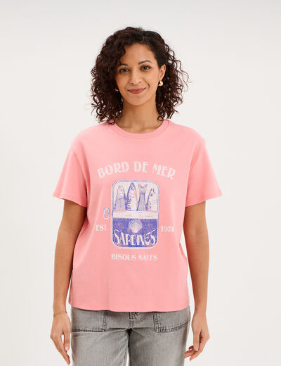 T-shirt col rond manches courtes coton rose femme