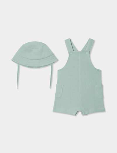 Ensemble salopette maille et bob coton vert clair bébé garçon