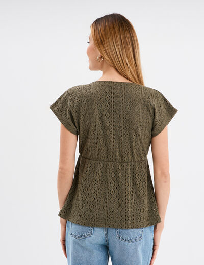 T-shirt dentelle col en V noeud vert kaki femme