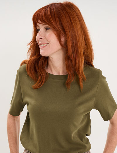 T-shirt col rond manches courtes coton vert kaki femme