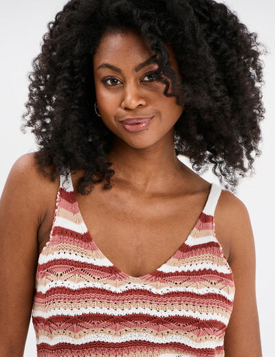 Débardeur tricot ajouré col en V beige femme