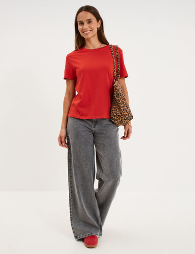 T-shirt col rond manches courtes coton rouge femme