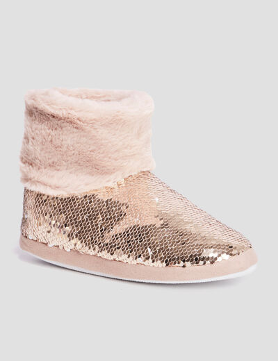 Chaussons bottines sequins et fourrure jaune or femme
