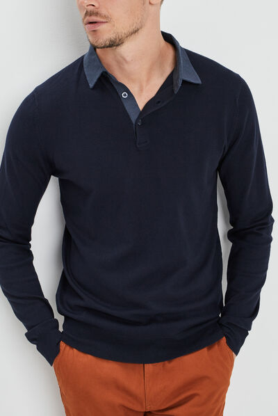 Pull avec col polo bleu marine homme