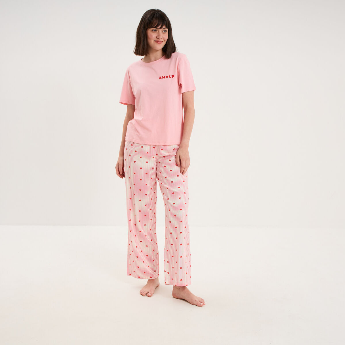 T-shirt col rond manches courtes coton rose femme