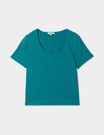 T-shirt cropped cintré col rond vert émeraude femme