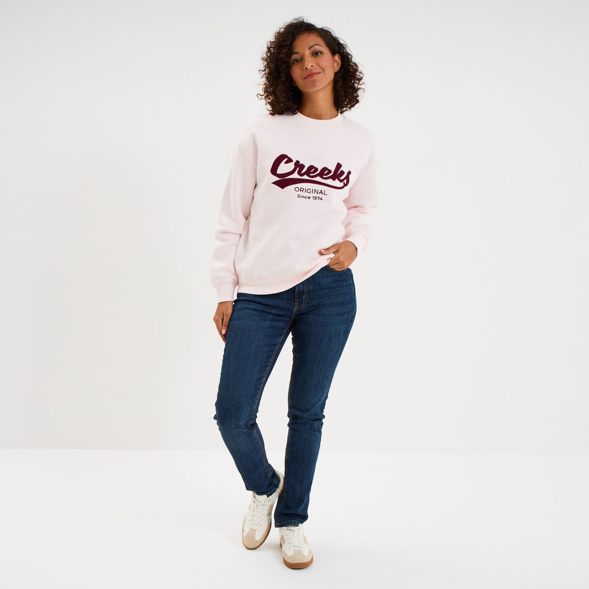 Sweat molleton col rond manches longues rose clair femme