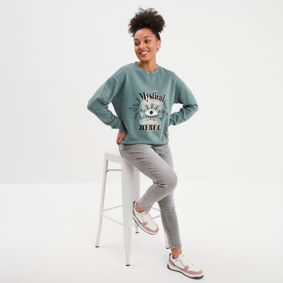 Sweat col rond coton majoritaire vert fonc&eacute; femme