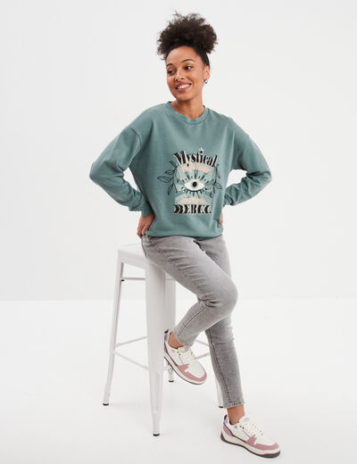 Sweat col rond coton majoritaire vert fonc&eacute; femme