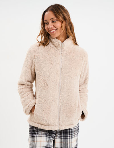 Veste effet polaire col montant gris clair femme
