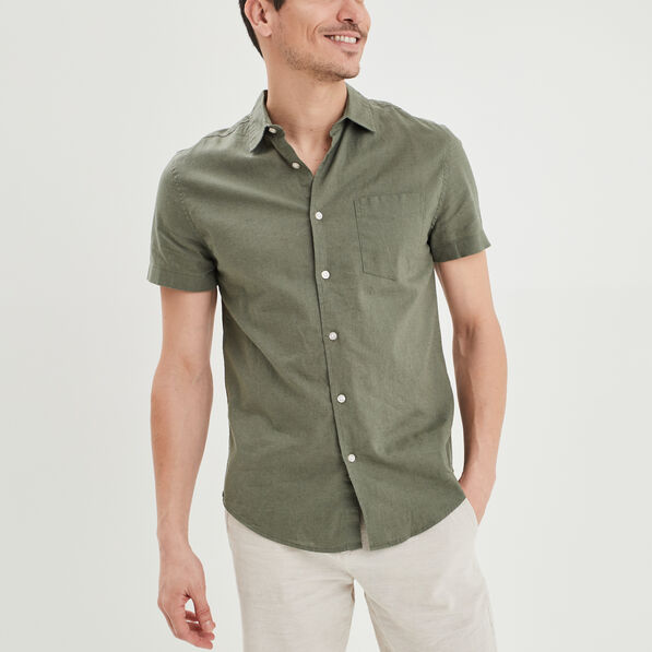 Chemise manches courtes lin mélangé vert kaki homme