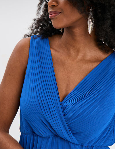 Robe longue plissée sans manches col V bleu roi femme