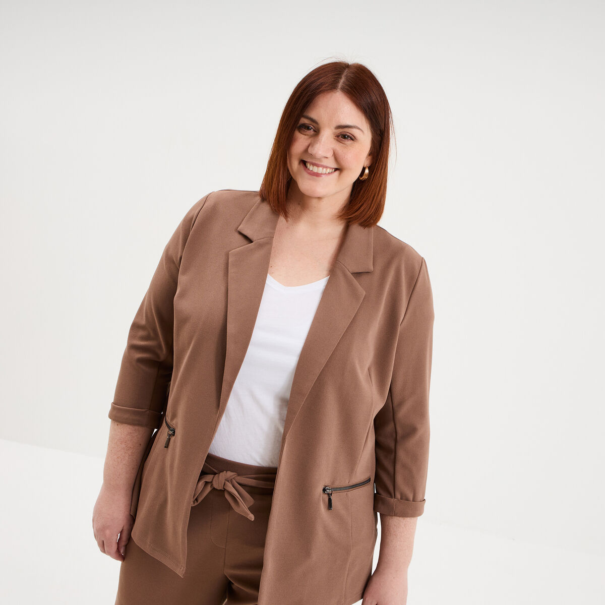 Veste blazer maille cr&ecirc;pe manches 3/4 marron clair femme grande taille