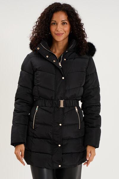 Doudoune mi-longue ceintur&eacute;e &agrave; capuche noir femme