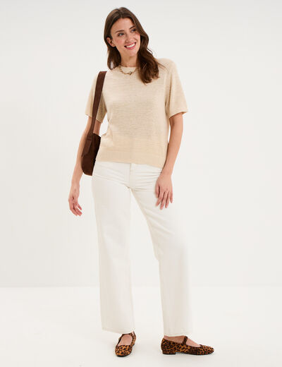 Pull manches courtes col rond beige femme