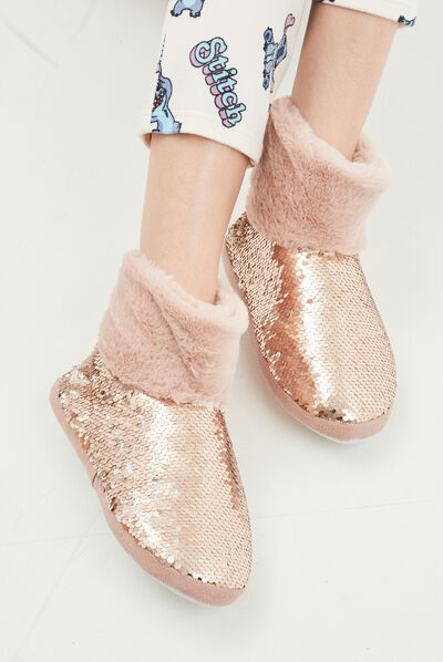 Chaussons bottines sequins et fourrure jaune or femme