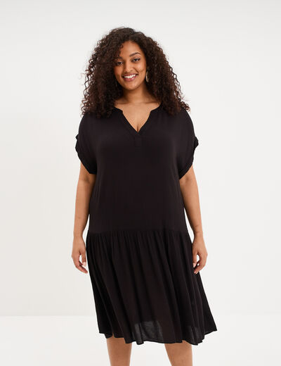 Robe courte fluide &eacute;vas&eacute;e col tunisien noir femme grande taille
