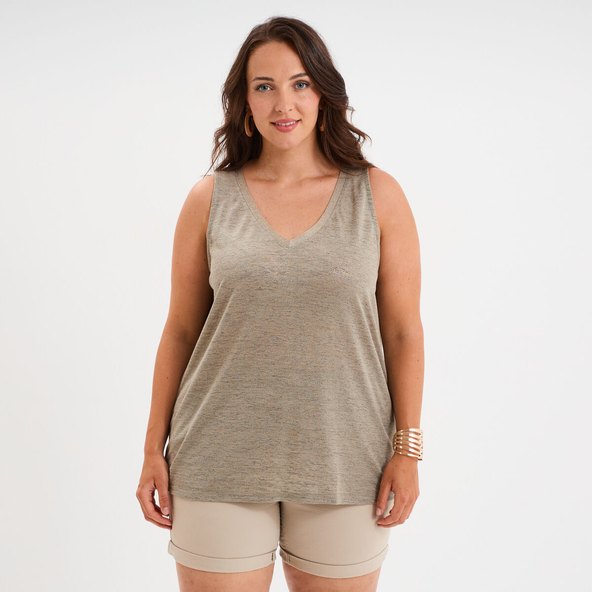 Débardeur droit col en V sans manches vert kaki femme grande taille