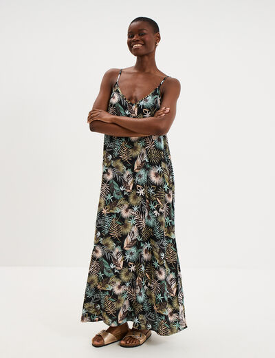 Robe longue droite fluide &agrave; bretelles noir femme