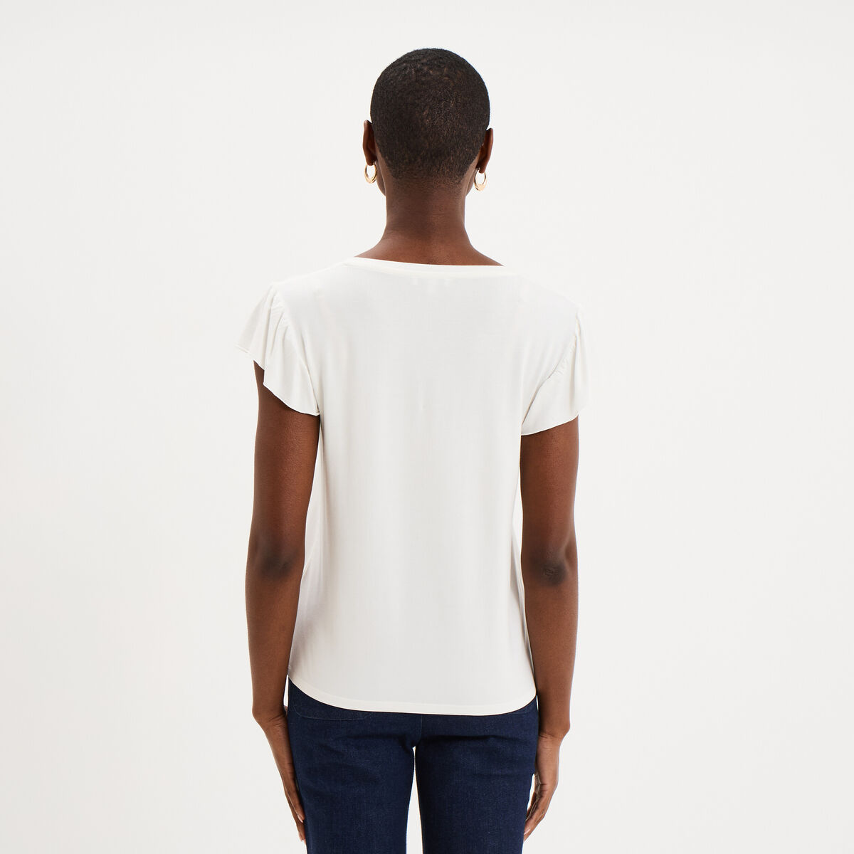 T-shirt droit manches courtes &agrave; volants blanc femme