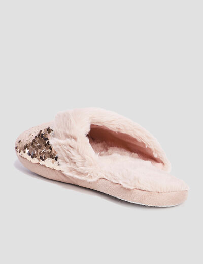 Chaussons mules sequins et fourrure jaune or femme