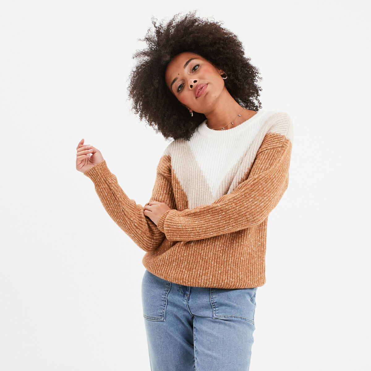 Pull manches longues col rond beige femme