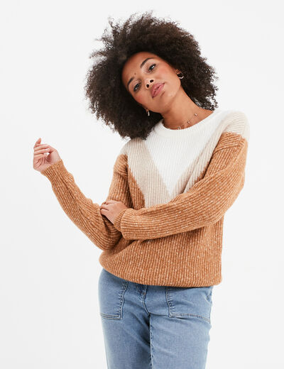 Pull manches longues col rond beige femme