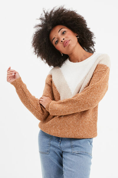 Pull manches longues col rond beige femme