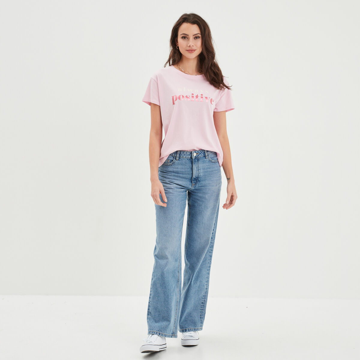T-shirt col rond manches courtes coton rose clair femme