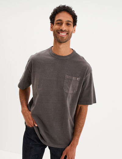 T-shirt droit col rond 1 poche coton gris fonc&eacute; homme