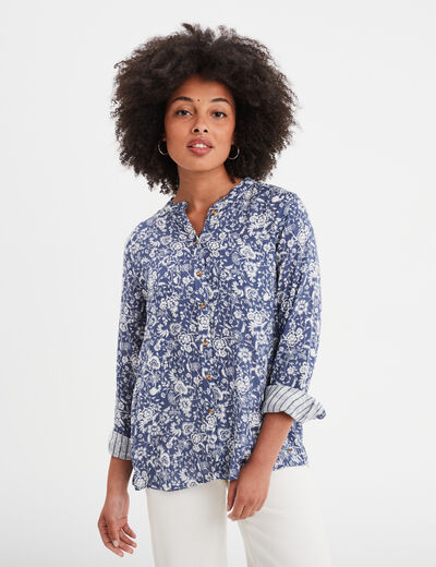 Chemise manches longues col mao bleu gris femme