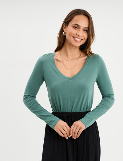 T-shirt col en V manches longues coton vert foncé femme