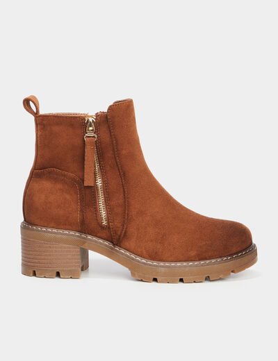 Bottines &agrave; talons effet daim zipp&eacute;es marron femme