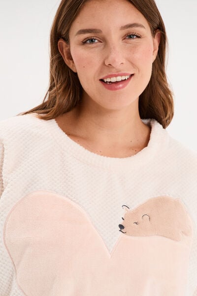 Ensemble pyjama effet velours 2 pi&egrave;ces creme femme grande taille