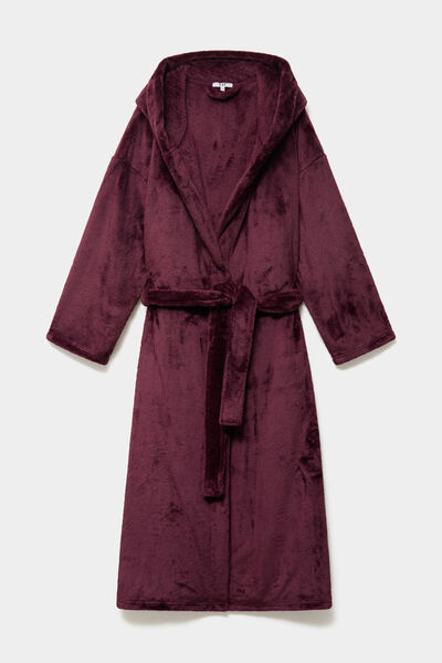 Peignoir velours long &agrave; capuche prune femme grande taille