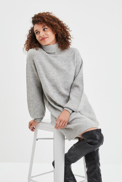 Robe pull col roulé courte droite gris clair femme