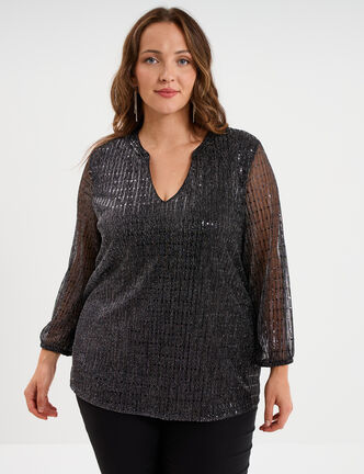 Blouse manches 3/4 pliss&eacute;e paillettes noir femme grande taille