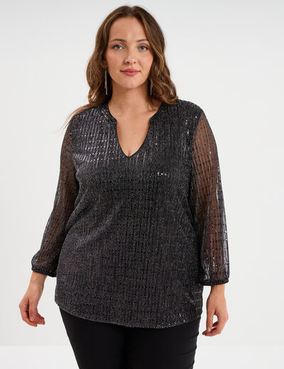 Blouse manches 3/4 pliss&eacute;e paillettes noir femme grande taille