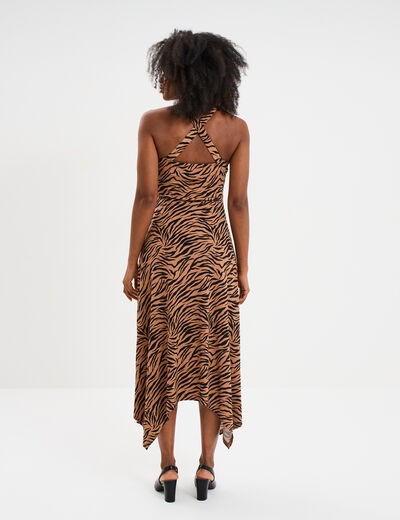 Robe longue évasée asymétrique camel femme