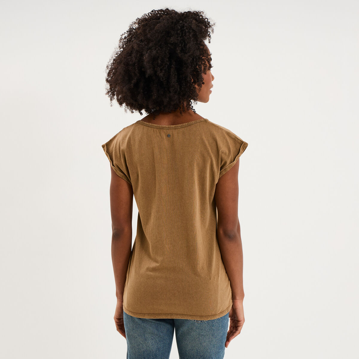 T-shirt coton col en V manches courtes beige femme