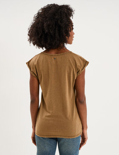 T-shirt coton col en V manches courtes beige femme