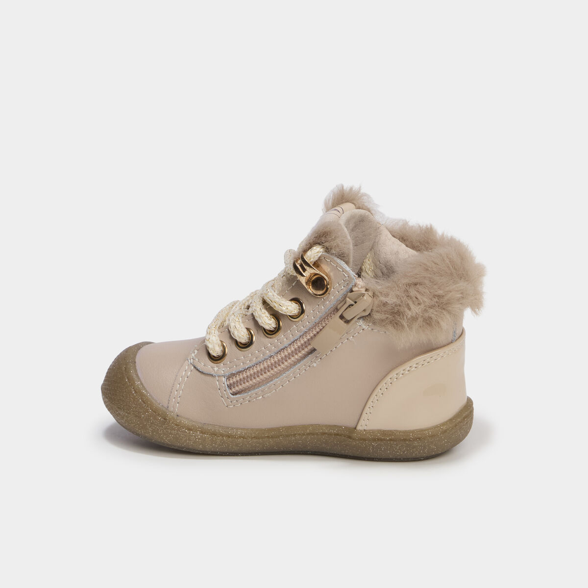 Bottillons zipp&eacute;s en cuir semelle souple rose clair b&eacute;b&eacute; fille