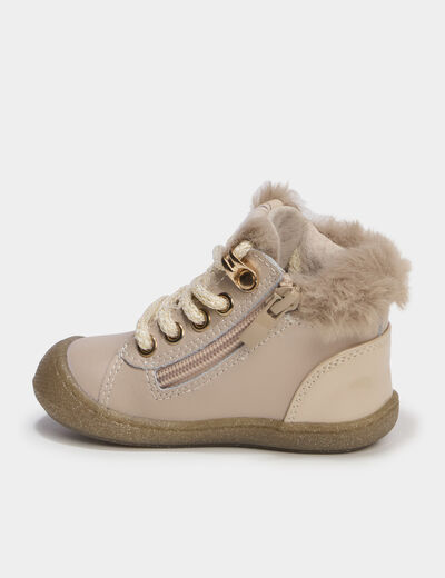 Bottillons zipp&eacute;s en cuir semelle souple rose clair b&eacute;b&eacute; fille