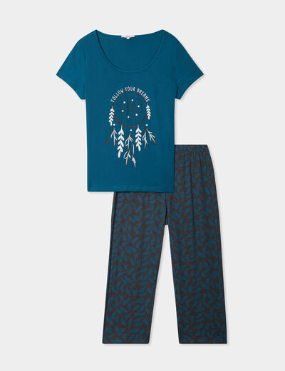 Ensemble pyjama corsaire t-shirt coton bleu canard femme