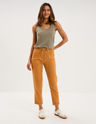 D&eacute;bardeur col rond m&eacute;lange lin vert kaki femme