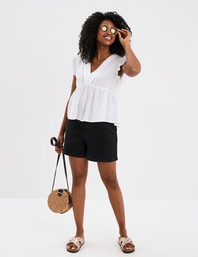 Blouse manches volants col en V coton blanc femme