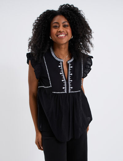 Blouse brod&eacute;e &agrave; volants coton noir femme