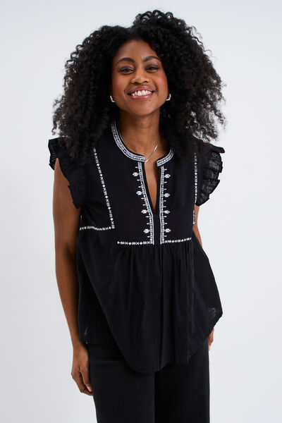 Blouse brod&eacute;e &agrave; volants coton noir femme