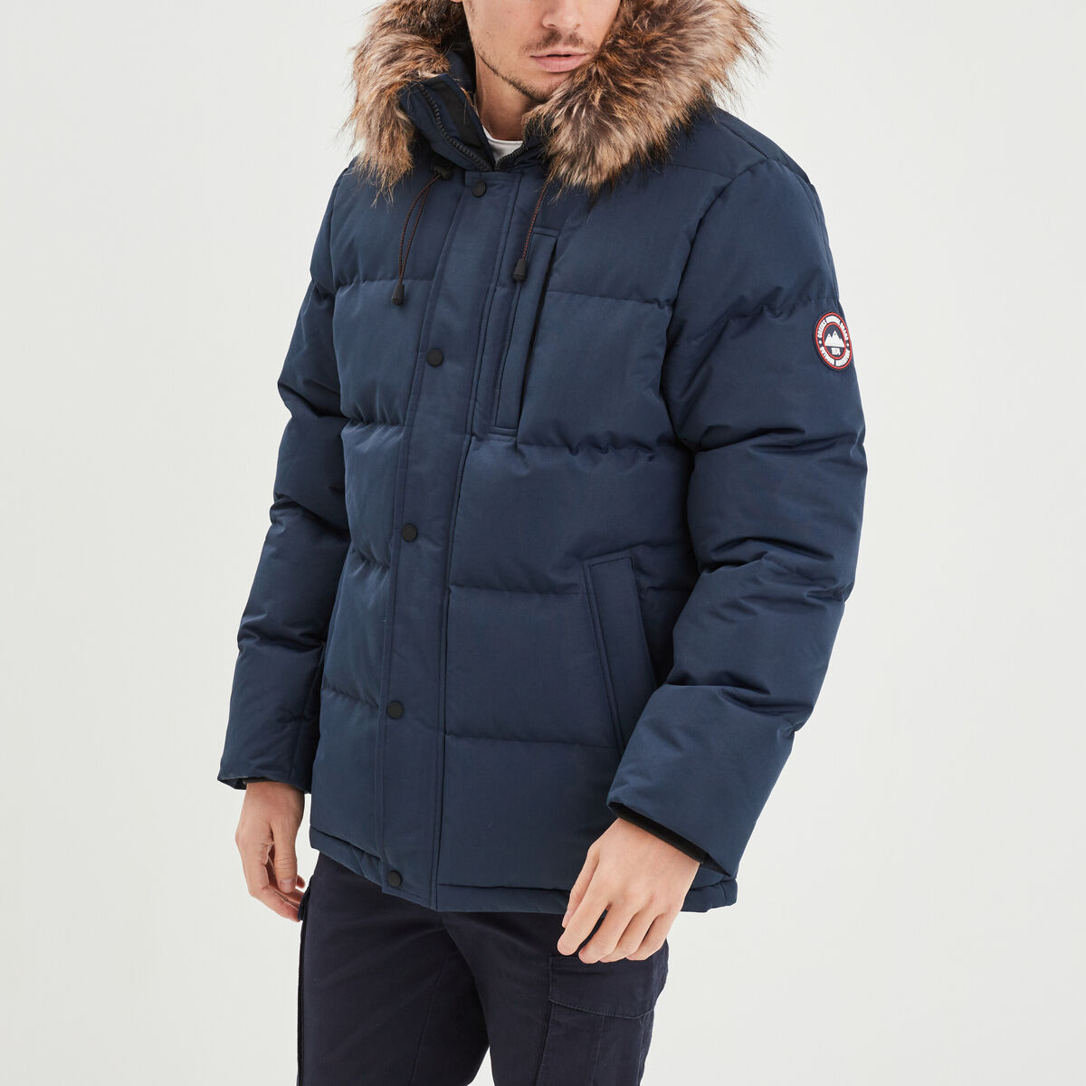 Parka capuche fausse fourrure amovible bleu marine homme