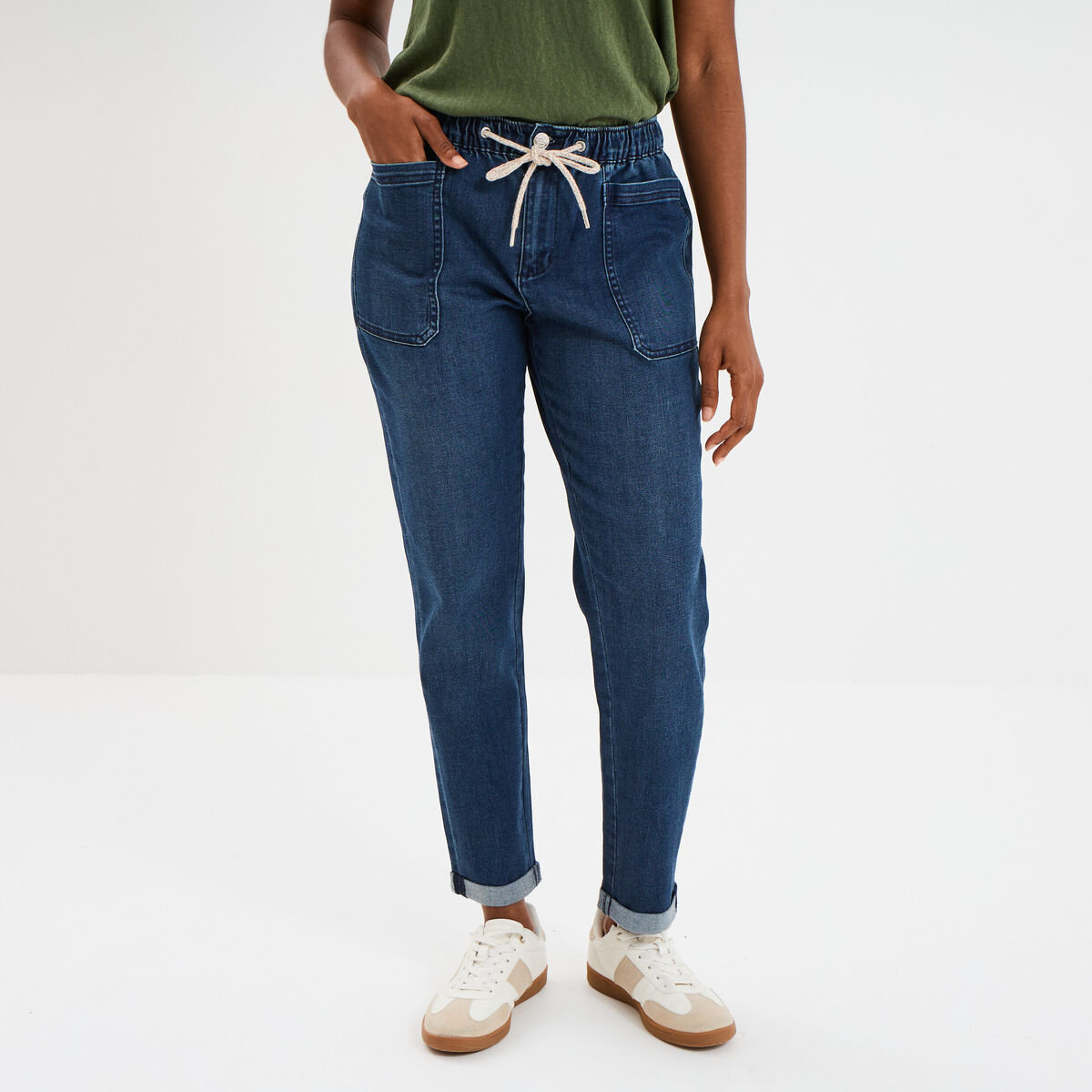Jeans droit cropped taille &eacute;lastiqu&eacute;e bleu femme
